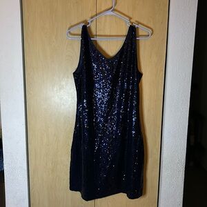 Sequined navy blue cocktail dress tank style v neck size XL